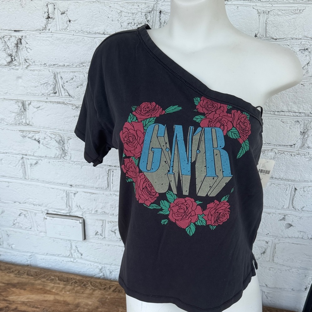 Anthropologie Black Off-Shoulder GN'R Rose Graphic Tee
